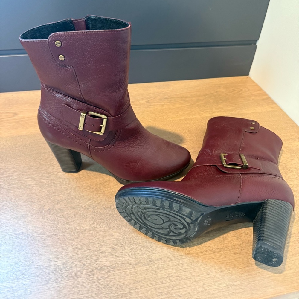 Clarks Burgundy Mid-Calf Buckle Heel Boots